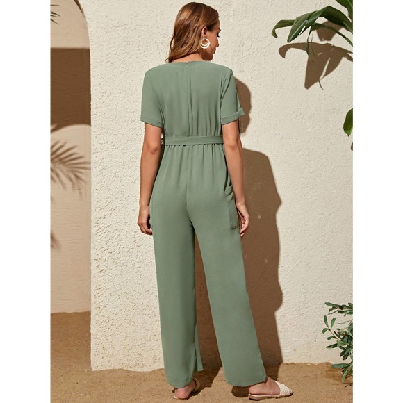 Maternity Pocket Side Roll Up Sleeve Belted Jumpsuit green - Picture 2 of 5